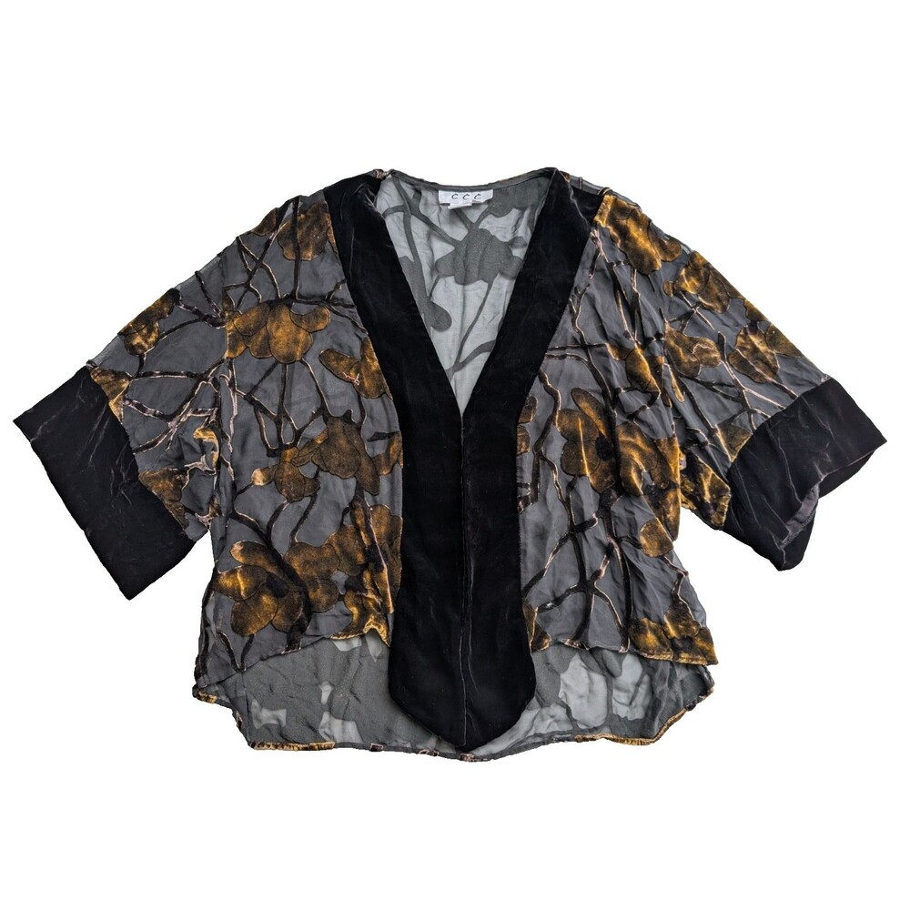 CCC Silk Rayon Burnout Velvet Kimono Top M Gold Floral Sheer Boho Black Blouse